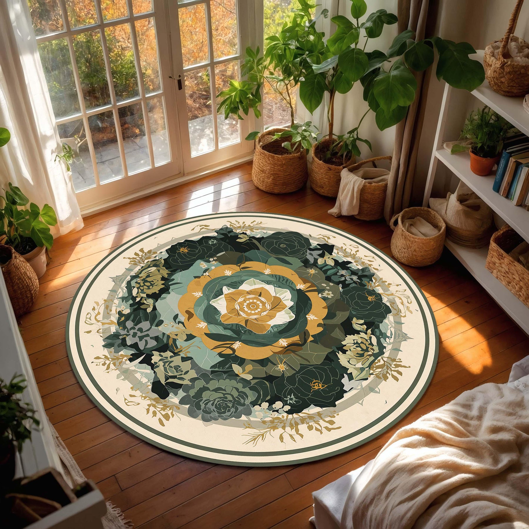 Green & Gold Floral Mandala Round Rug, Botanical Boho Area Rug for Living Room, Bedroom Decor, Garden Circle Carpet, Housewarming Gift