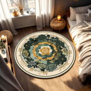 Green & Gold Floral Mandala Round Rug, Botanical Boho Area Rug for Living Room, Bedroom Decor, Garden Circle Carpet, Housewarming Gift