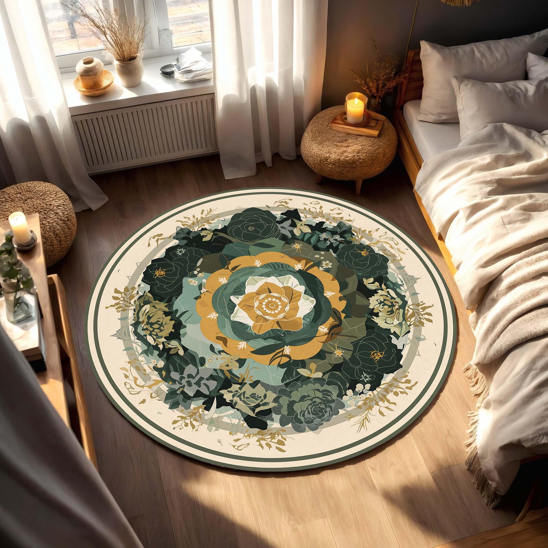 Green & Gold Floral Mandala Round Rug, Botanical Boho Area Rug for Living Room, Bedroom Decor, Garden Circle Carpet, Housewarming Gift