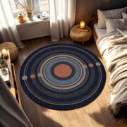 Round Geometric Area Rug, Modern Concentric Circles Design in Navy Blue Gray & Terracotta, Mid Century Living Room Decor Floor Rug