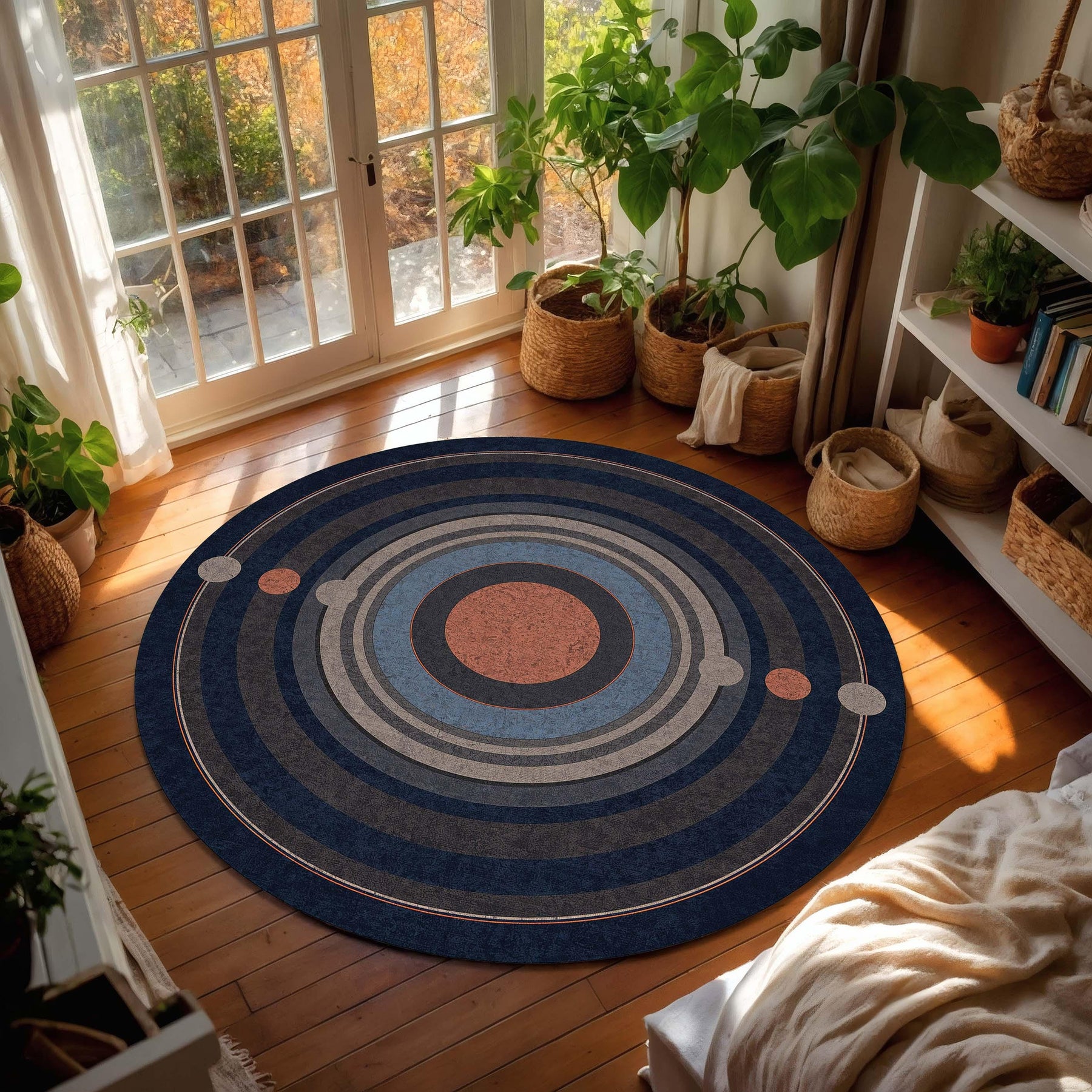 Round Geometric Area Rug, Modern Concentric Circles Design in Navy Blue Gray & Terracotta, Mid Century Living Room Decor Floor Rug