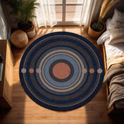Round Geometric Area Rug, Modern Concentric Circles Design in Navy Blue Gray & Terracotta, Mid Century Living Room Decor Floor Rug
