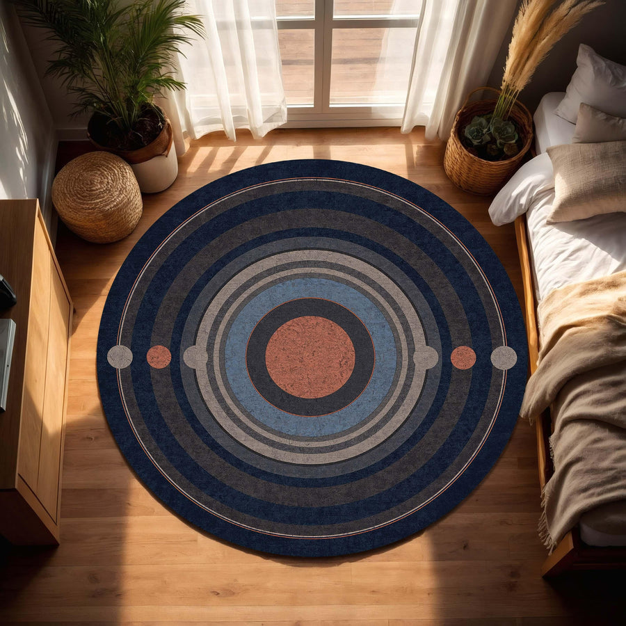 Round Geometric Area Rug, Modern Concentric Circles Design in Navy Blue Gray & Terracotta, Mid Century Living Room Decor Floor Rug