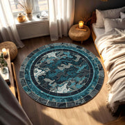 Teal Blue Abstract Round Rug, Modern Marble Swirl Circle Area Carpet, Navy Grey Floor Mat for Living Room, Bedroom, Office Boho Decor