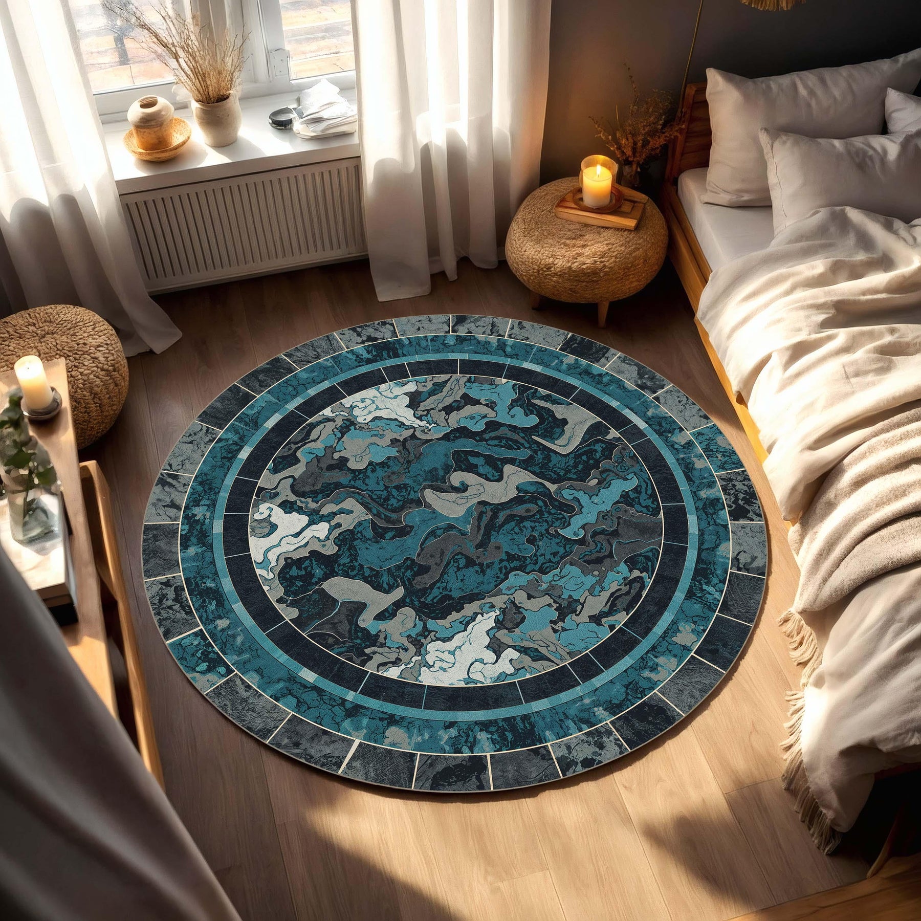 Teal Blue Abstract Round Rug, Modern Marble Swirl Circle Area Carpet, Navy Grey Floor Mat for Living Room, Bedroom, Office Boho Decor