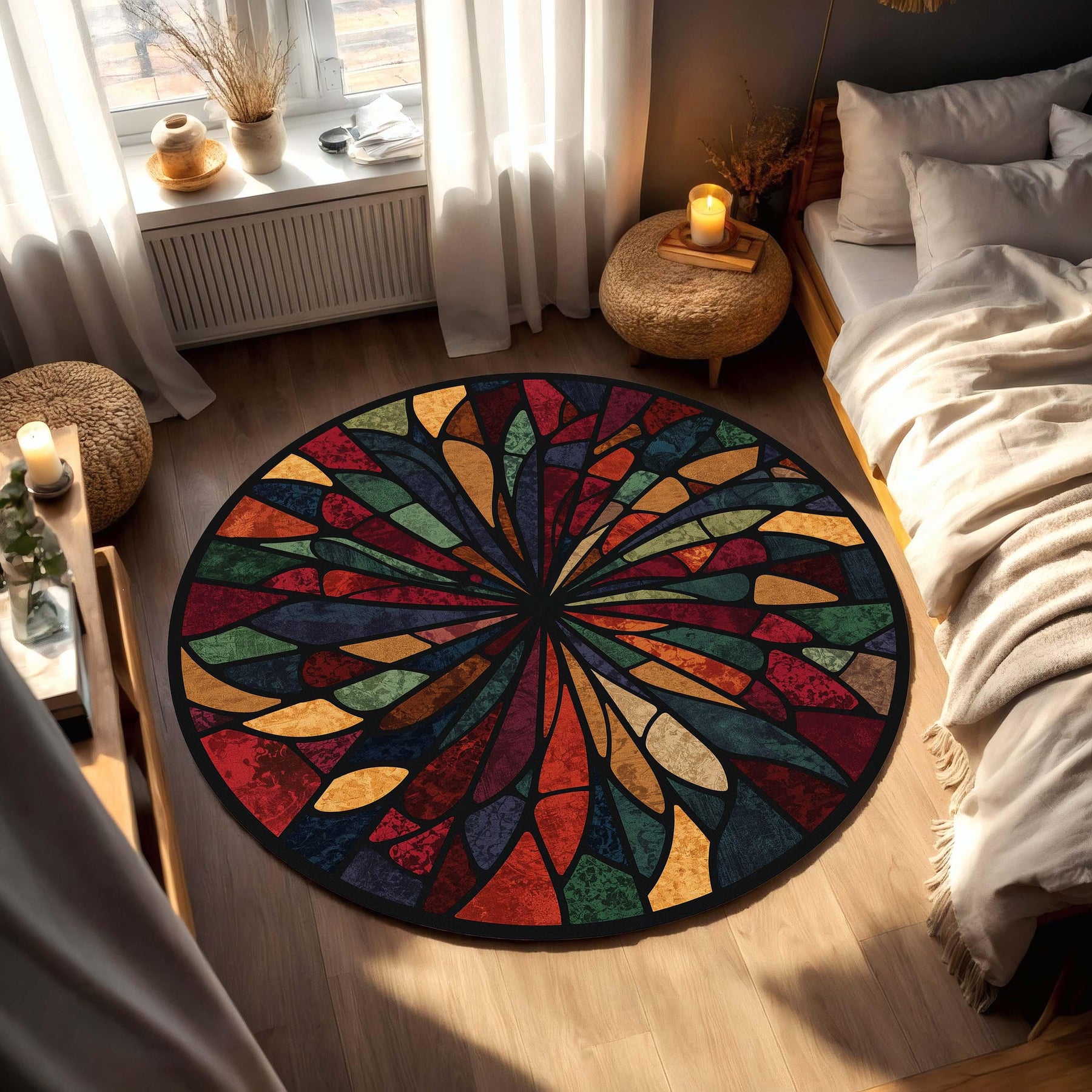Round Stained Glass Style Area Rug, Colorful Mosaic Mandala Carpet, Boho Living Room Decor, Modern Abstract Floor Mat, Housewarming Gift