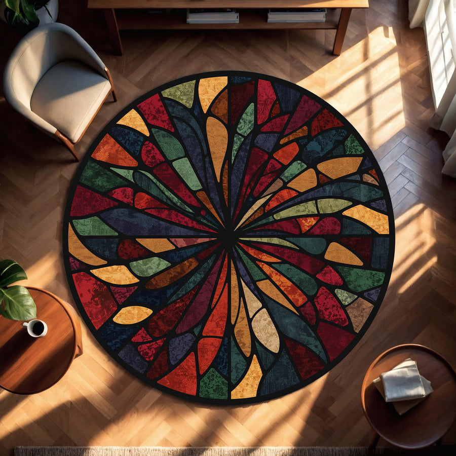 Round Stained Glass Style Area Rug, Colorful Mosaic Mandala Carpet, Boho Living Room Decor, Modern Abstract Floor Mat, Housewarming Gift