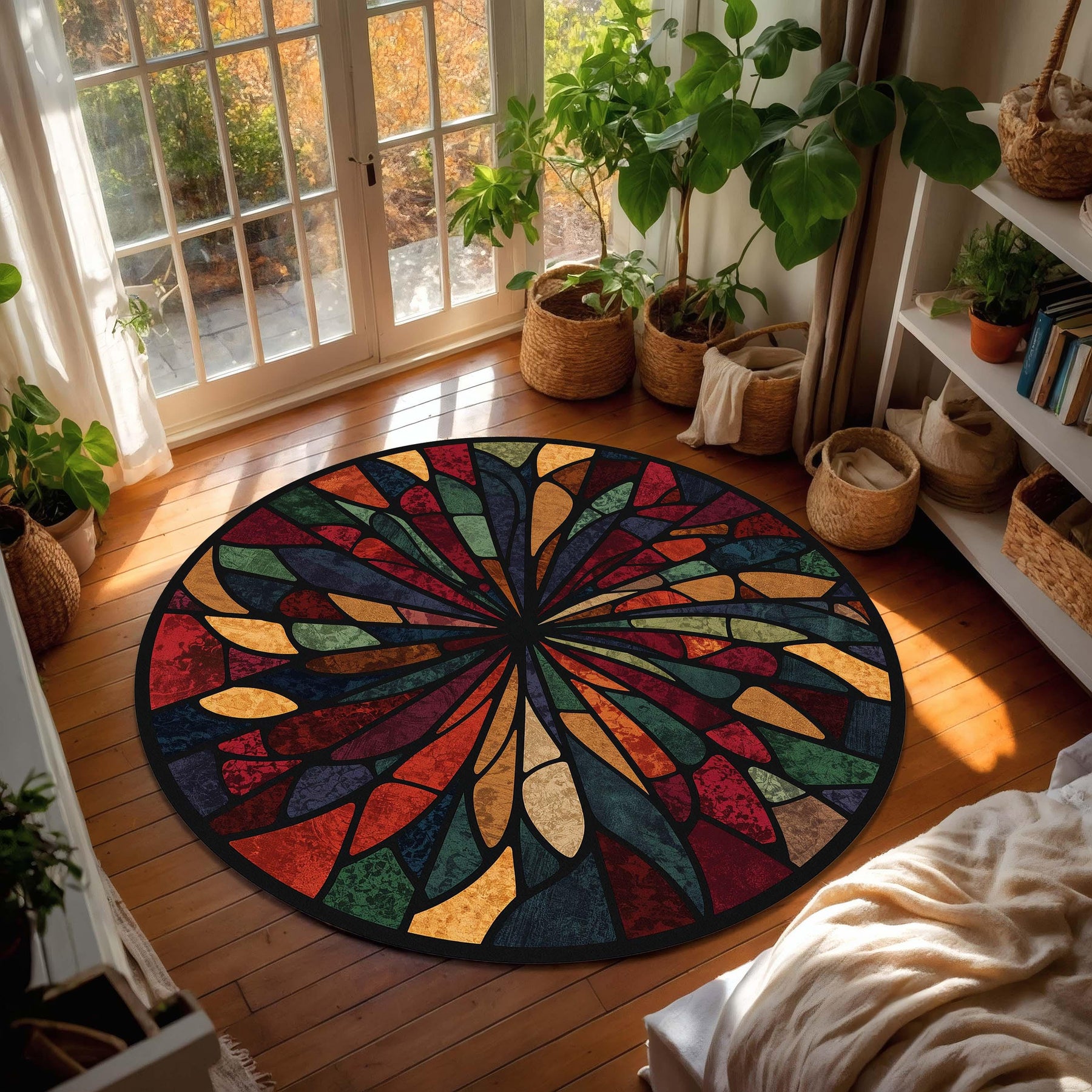 Round Stained Glass Style Area Rug, Colorful Mosaic Mandala Carpet, Boho Living Room Decor, Modern Abstract Floor Mat, Housewarming Gift