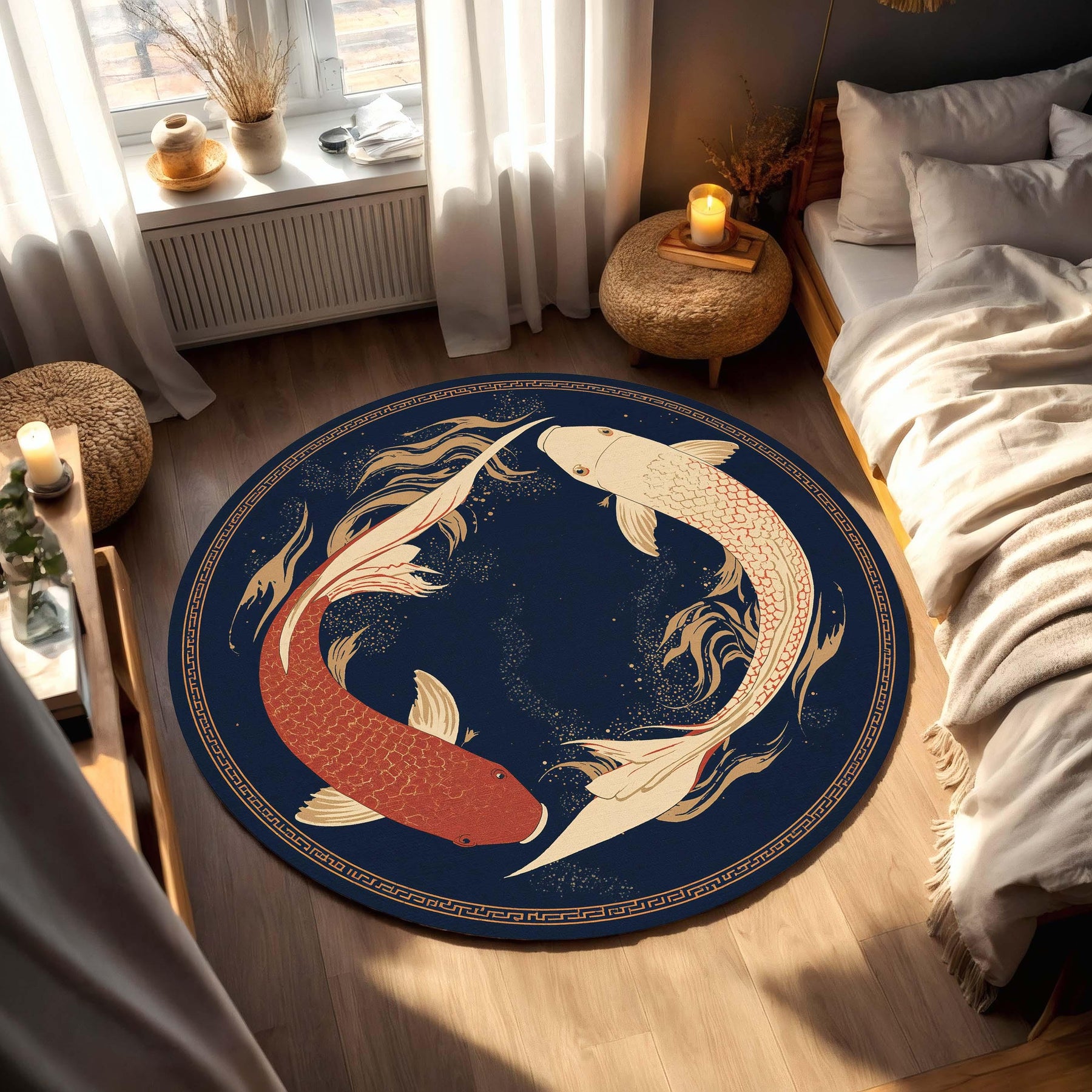 Koi Fish Yin Yang Round Rug, Navy Blue & Gold Japanese Inspired Carpet, Zen Meditation Decor, Non Slip Area Rug for Living Room Bedroom