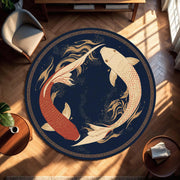 Koi Fish Yin Yang Round Rug, Navy Blue & Gold Japanese Inspired Carpet, Zen Meditation Decor, Non Slip Area Rug for Living Room Bedroom