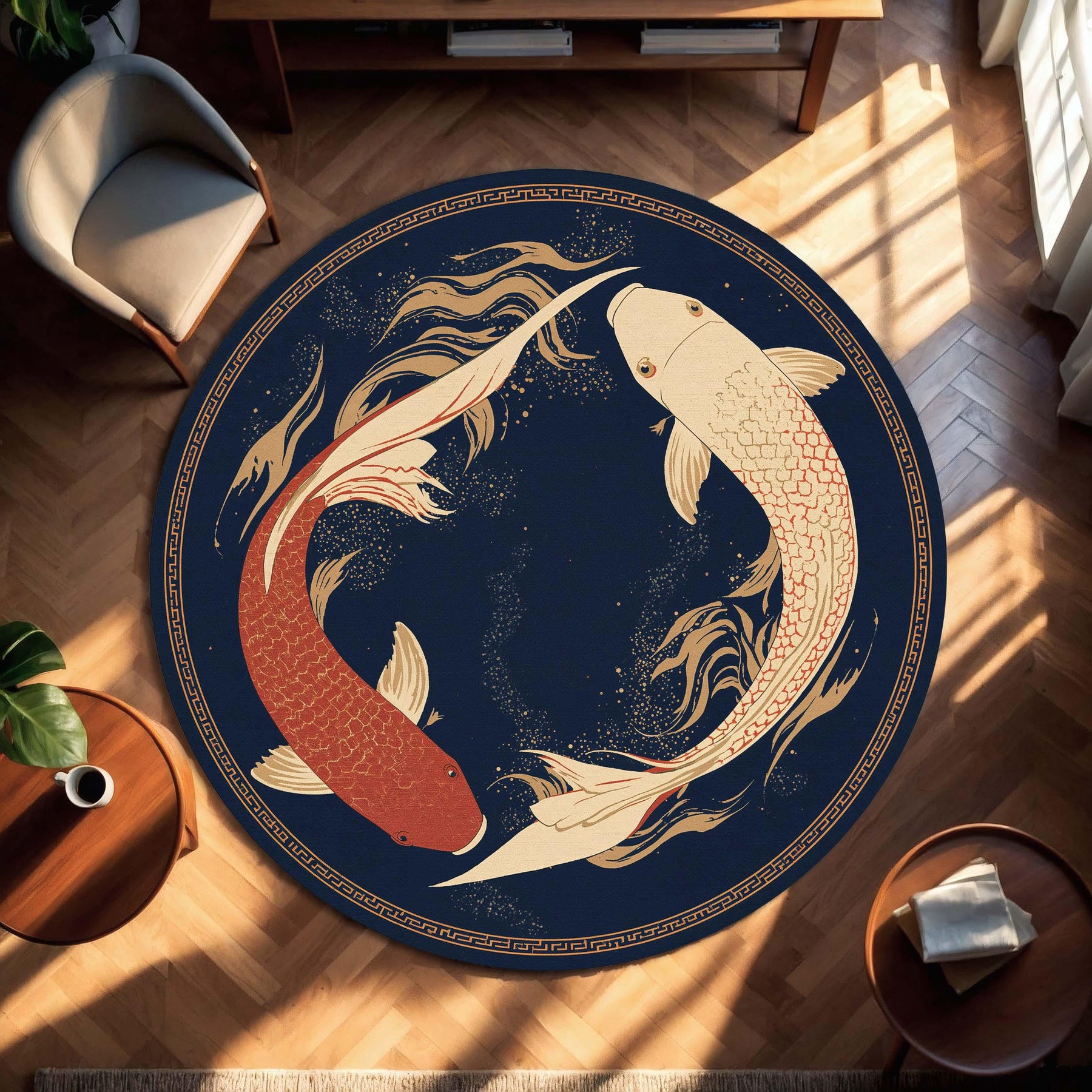 Koi Fish Yin Yang Round Rug, Navy Blue & Gold Japanese Inspired Carpet, Zen Meditation Decor, Non Slip Area Rug for Living Room Bedroom
