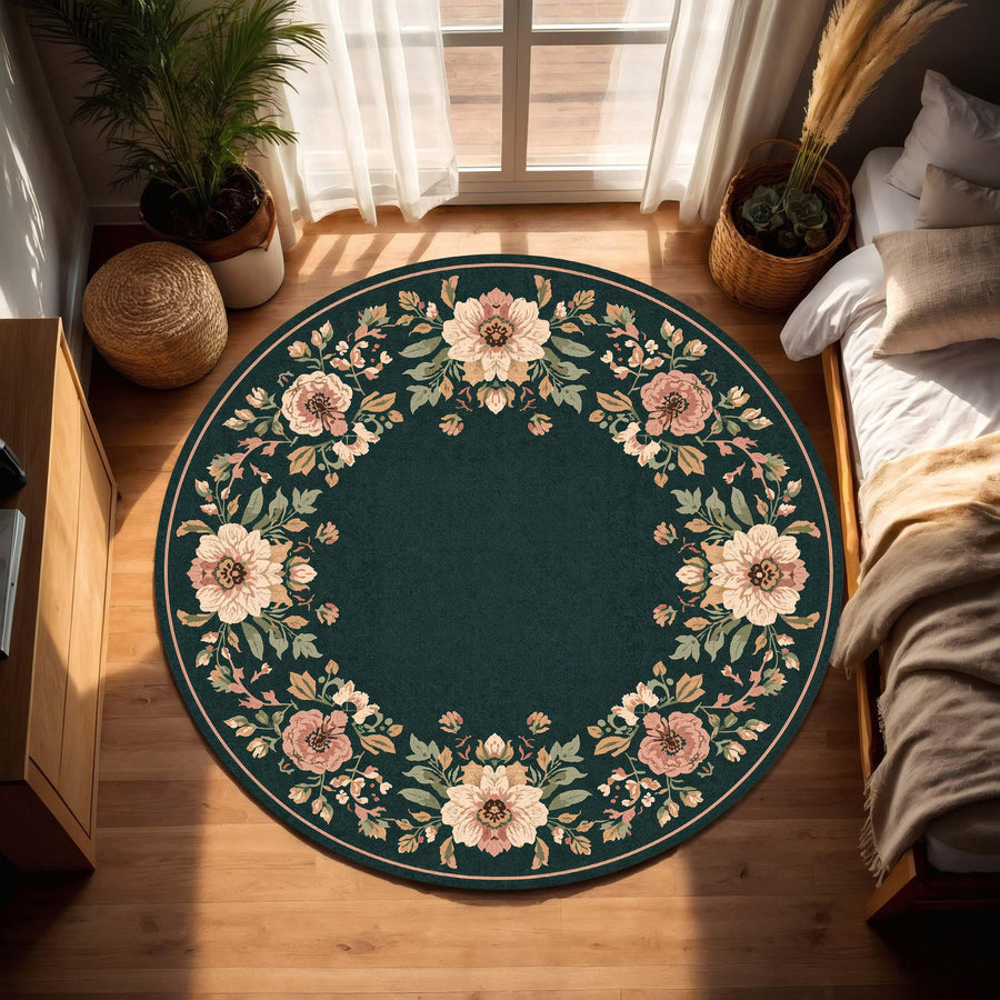 Vintage Floral Oval Rug, Dark Green Botanical Area Carpet, Cottagecore Living Room Decor, Shabby Chic Bedroom Floor Mat, Soft Low Pile
