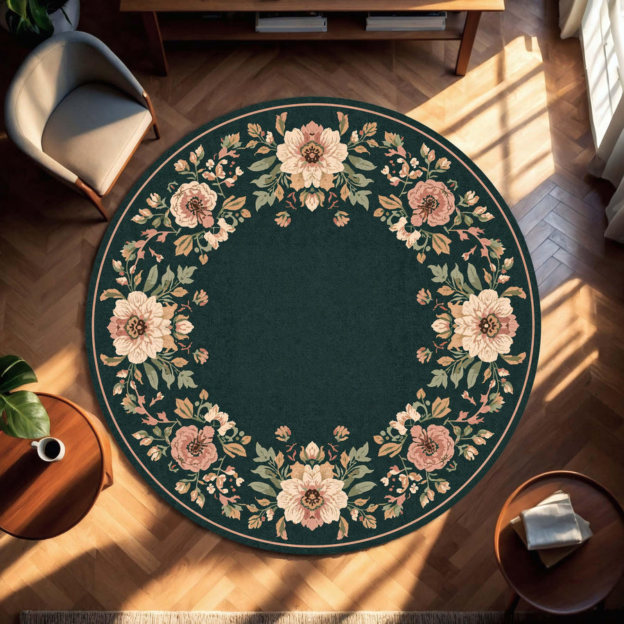 Vintage Floral Oval Rug, Dark Green Botanical Area Carpet, Cottagecore Living Room Decor, Shabby Chic Bedroom Floor Mat, Soft Low Pile