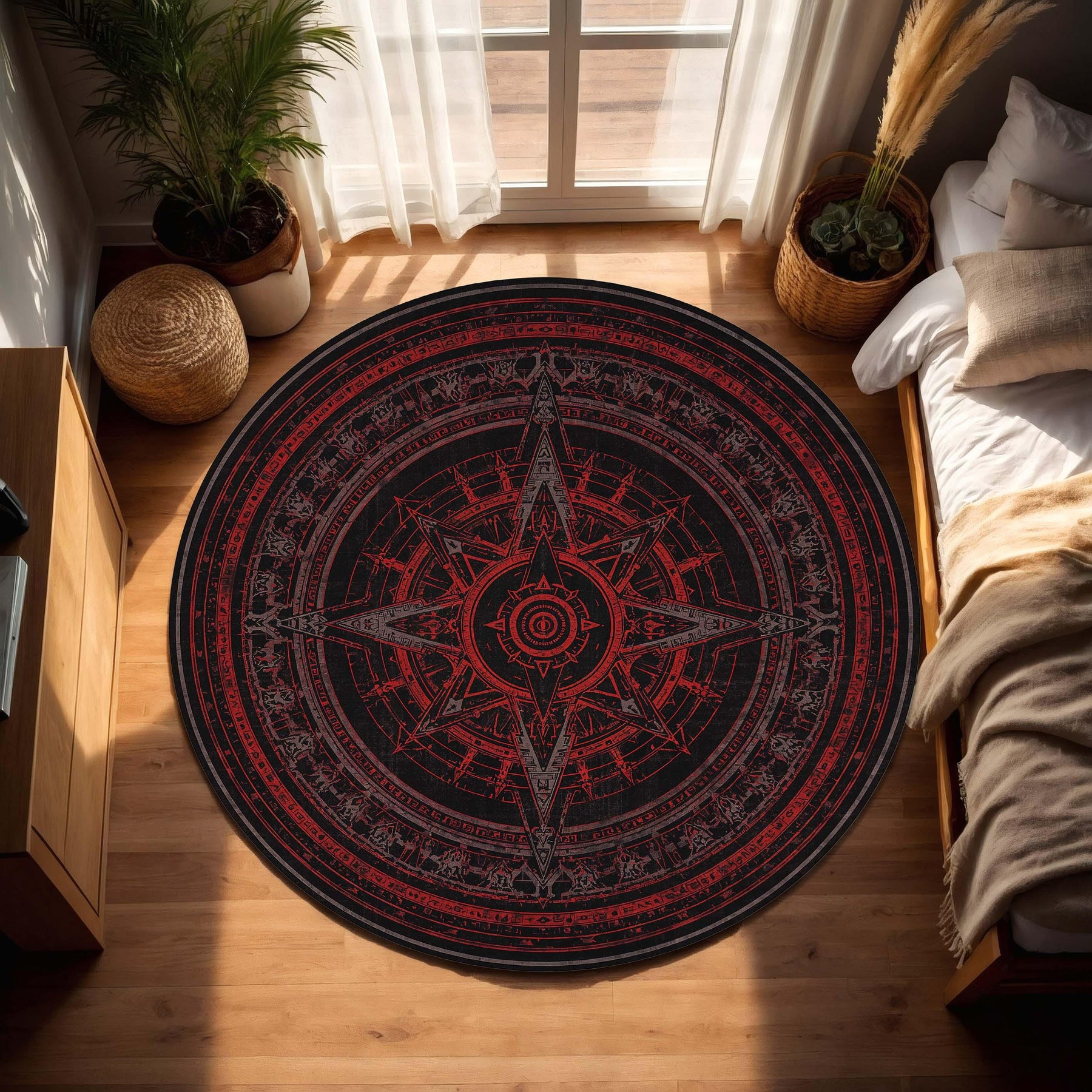 Gothic Compass Rose Round Rug, Red Black Occult Mandala Floor Mat, Witchy Home Decor, Dark Academia Circle Carpet for Living Room Gift