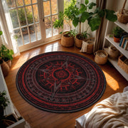 Gothic Compass Rose Round Rug, Red Black Occult Mandala Floor Mat, Witchy Home Decor, Dark Academia Circle Carpet for Living Room Gift