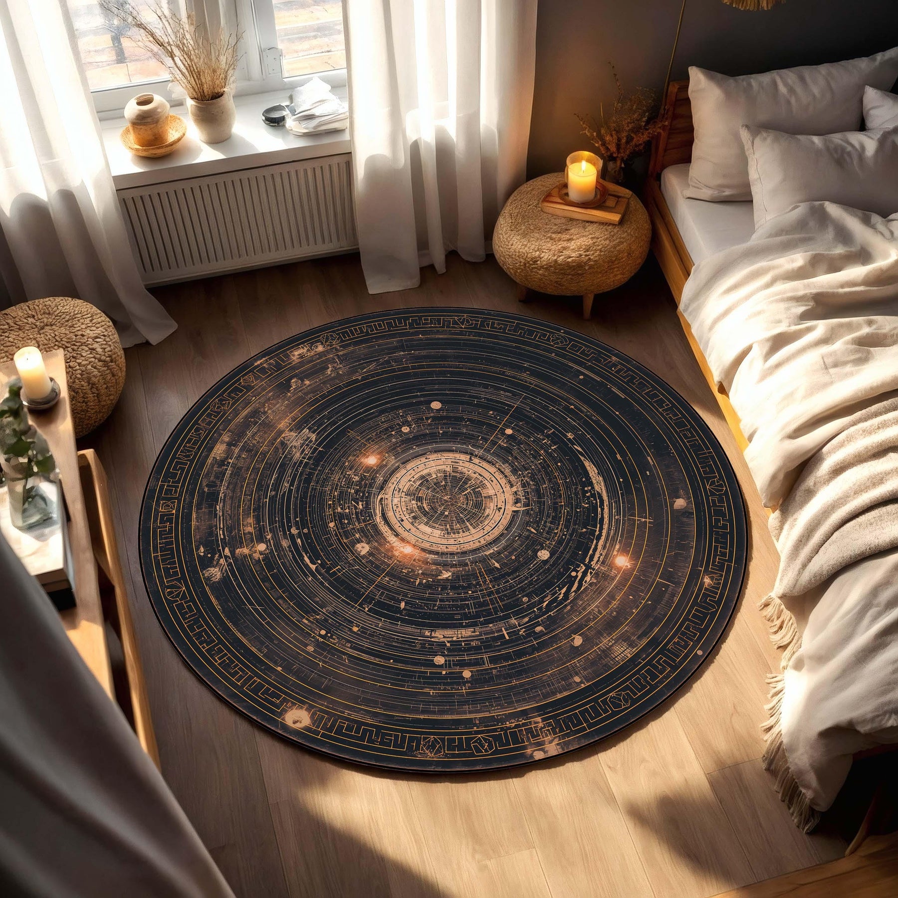 Celestial Star Map Round Rug, Navy & Gold Galaxy Floor Mat, Astrology Astrolabe Carpet, Modern Boho Living Room Area Decor Gift Housewarming