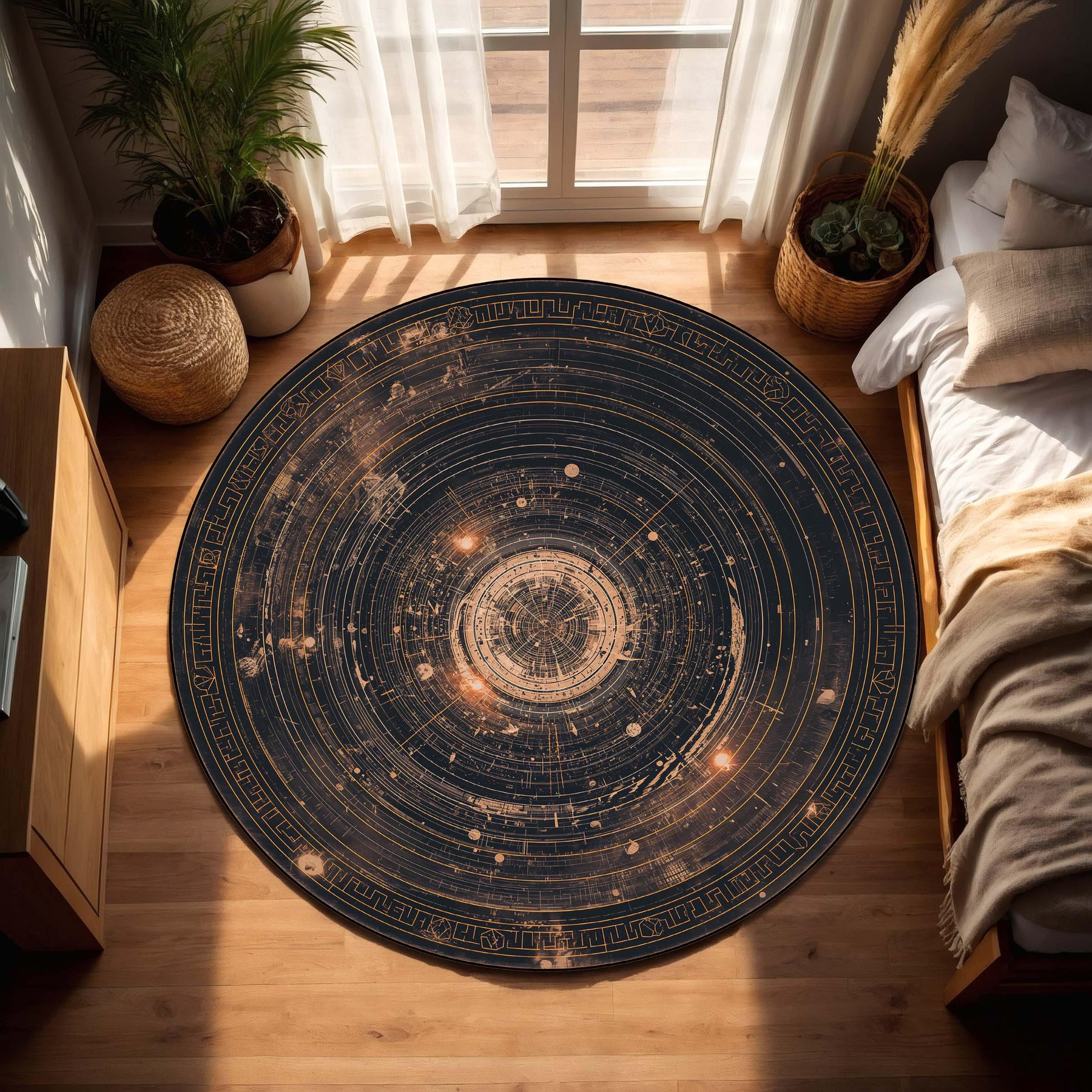 Celestial Star Map Round Rug, Navy & Gold Galaxy Floor Mat, Astrology Astrolabe Carpet, Modern Boho Living Room Area Decor Gift Housewarming