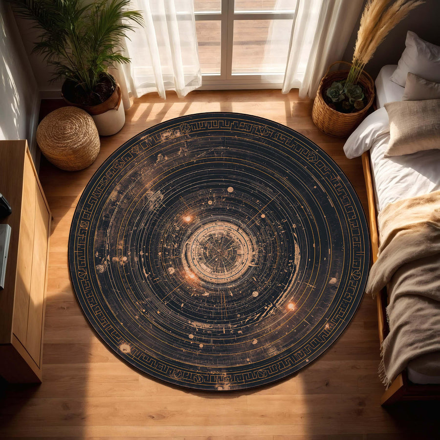 Celestial Star Map Round Rug, Navy & Gold Galaxy Floor Mat, Astrology Astrolabe Carpet, Modern Boho Living Room Area Decor Gift Housewarming