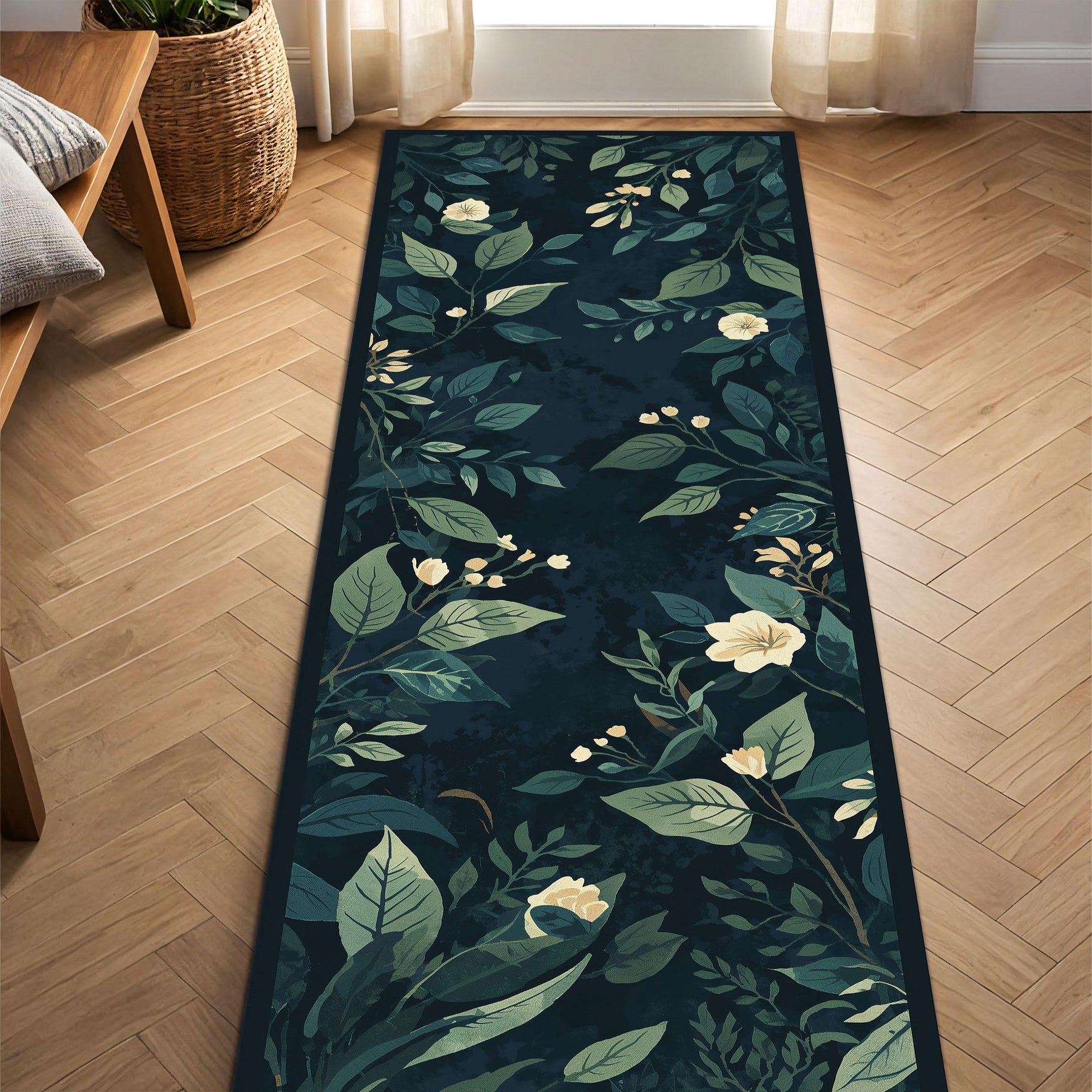Navy Botanical Runner Rug, Dark Floral Hallway Carpet, Vintage Leaf Pattern Kitchen Mat, Modern Boho Entryway Floor Decor, Non Slip
