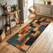 Abstract Geometric Runner Rug, Mid Century Modern Hallway Carpet, Teal Terracotta Mustard Patchwork Long Runner, Kitchen Entryway Decor
