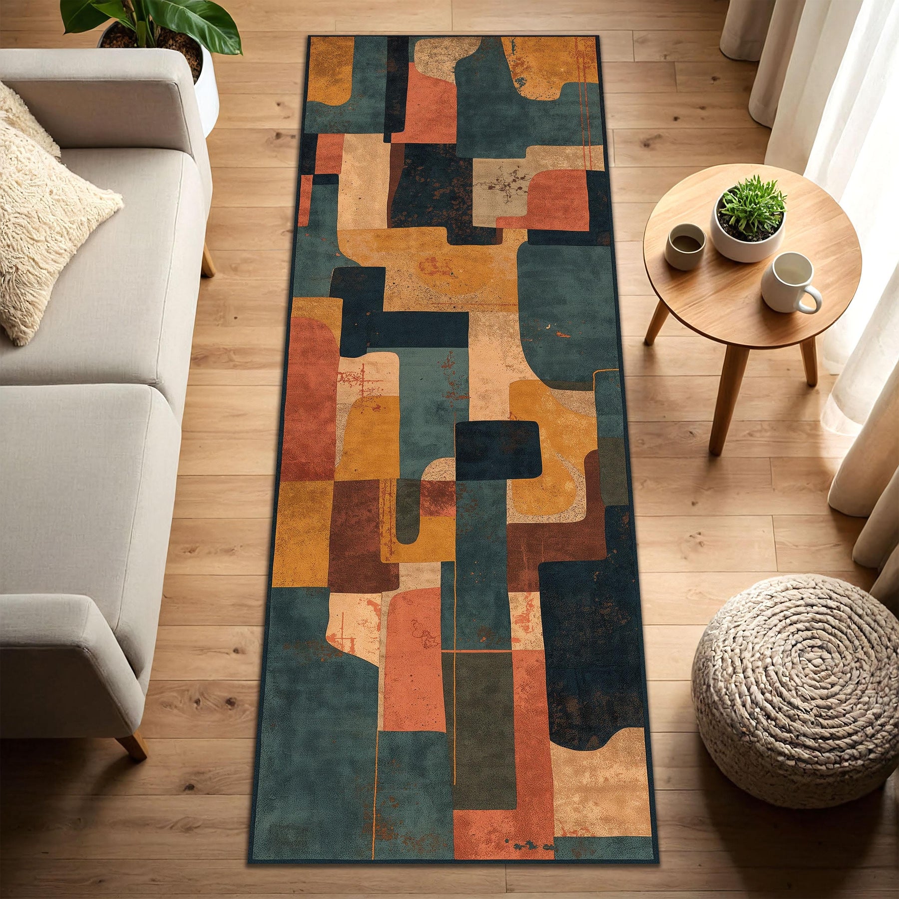 Abstract Geometric Runner Rug, Mid Century Modern Hallway Carpet, Teal Terracotta Mustard Patchwork Long Runner, Kitchen Entryway Decor