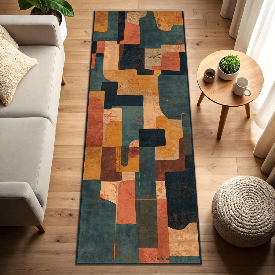 Abstract Geometric Runner Rug, Mid Century Modern Hallway Carpet, Teal Terracotta Mustard Patchwork Long Runner, Kitchen Entryway Decor