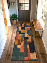 Abstract Geometric Runner Rug, Mid Century Modern Hallway Carpet, Teal Terracotta Mustard Patchwork Long Runner, Kitchen Entryway Decor