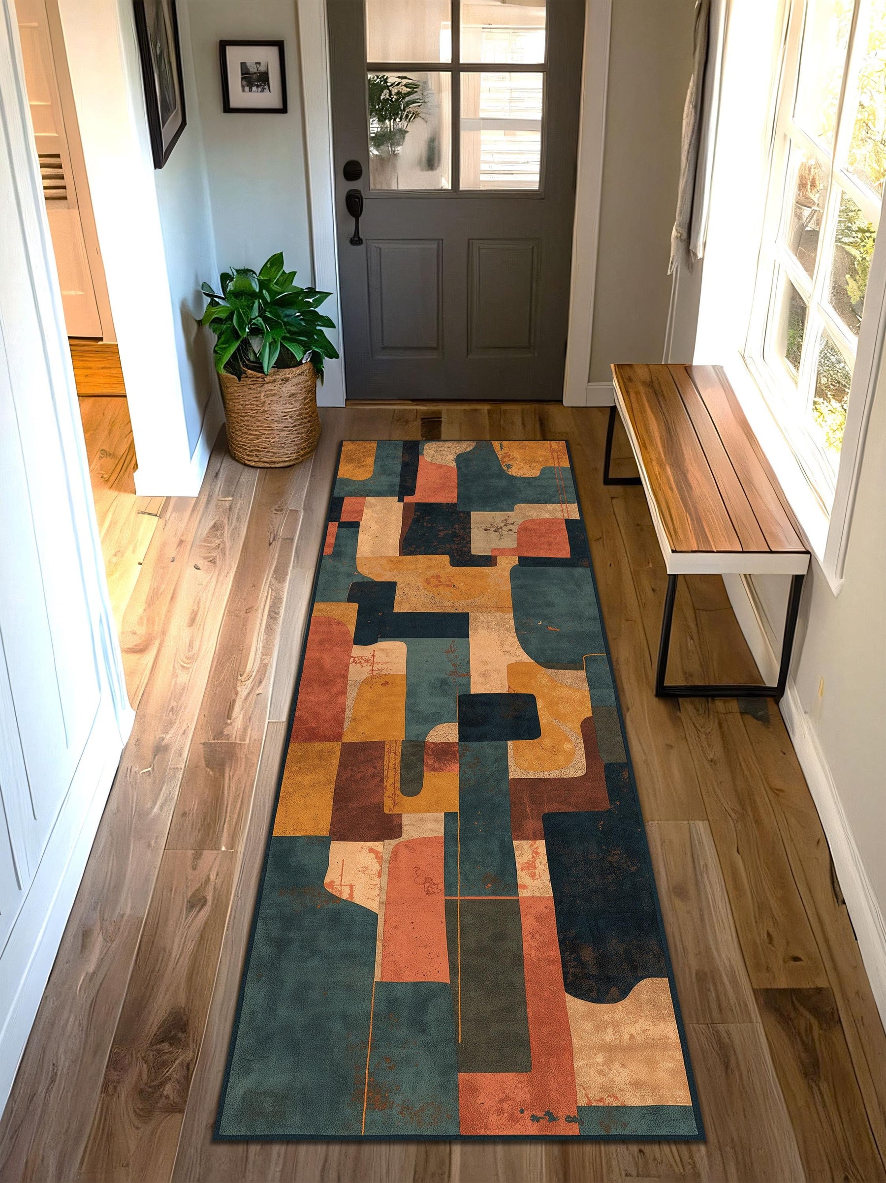 Abstract Geometric Runner Rug, Mid Century Modern Hallway Carpet, Teal Terracotta Mustard Patchwork Long Runner, Kitchen Entryway Decor