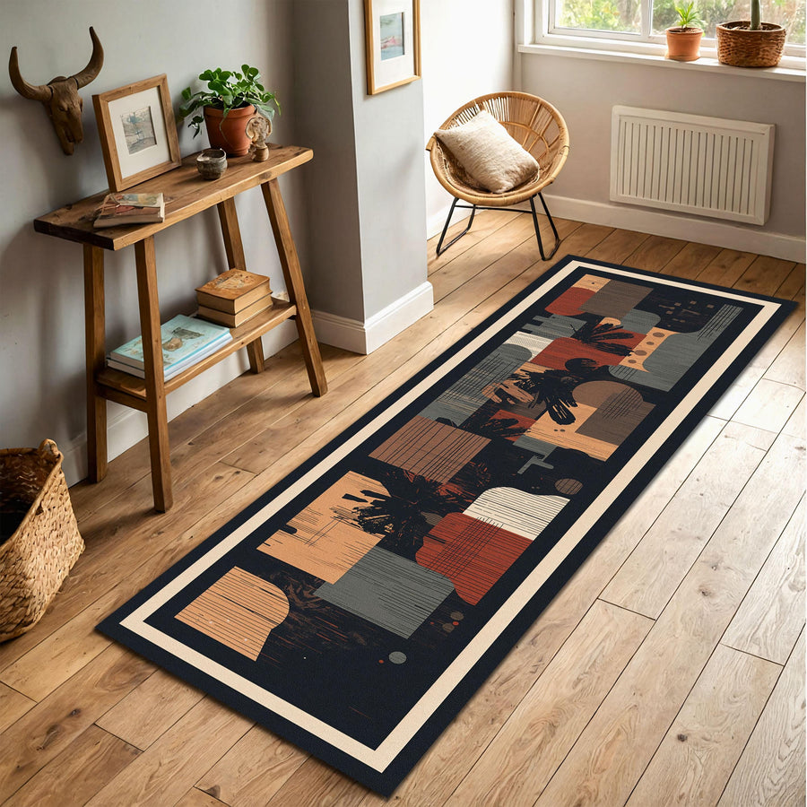 Abstract Geometric Runner Rug, Mid Century Modern Hallway Carpet, Boho Entryway Runner, Navy Terracotta Beige Contemporary Home Decor