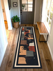 Abstract Geometric Runner Rug, Mid Century Modern Hallway Carpet, Boho Entryway Runner, Navy Terracotta Beige Contemporary Home Decor