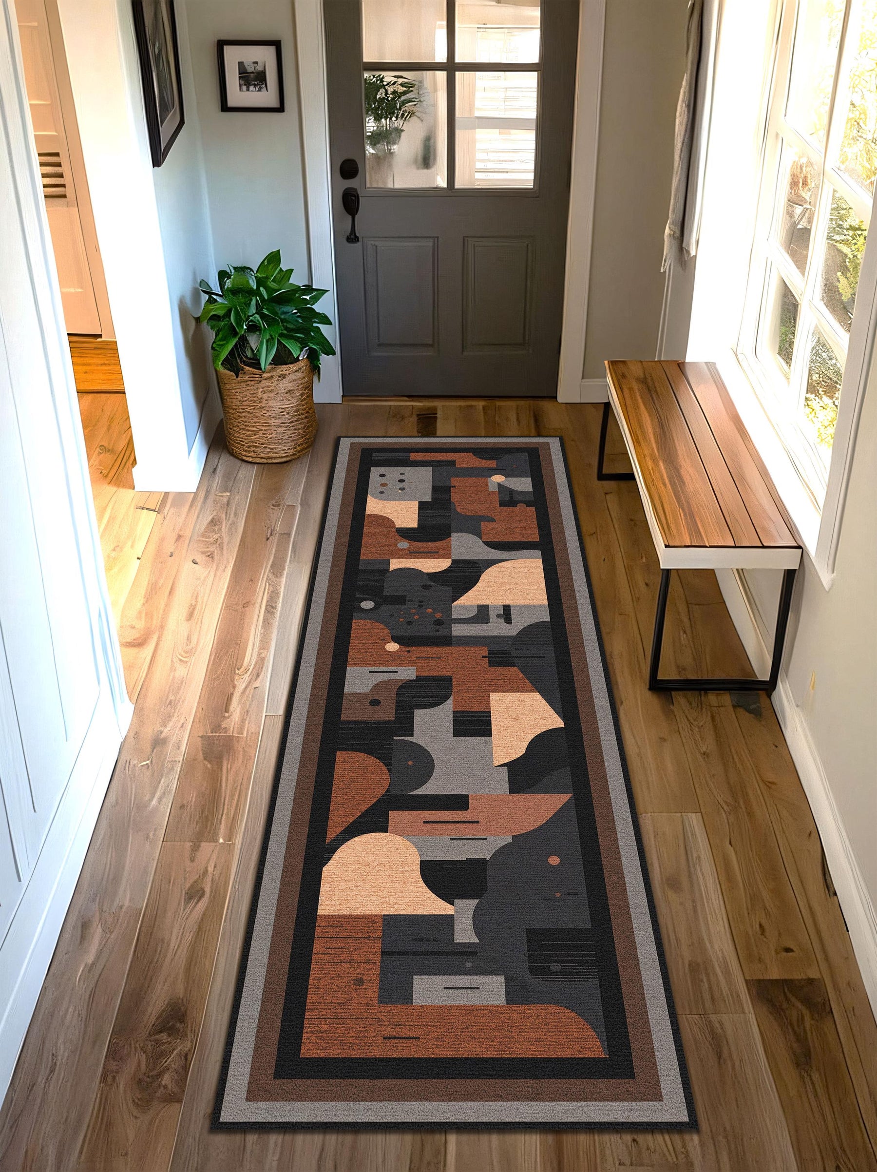 Abstract Geometric Runner Rug, Mid Century Modern Earth Tone Hallway Carpet, Boho Entryway Kitchen Runner, Minimalist Home Decor Floor Art