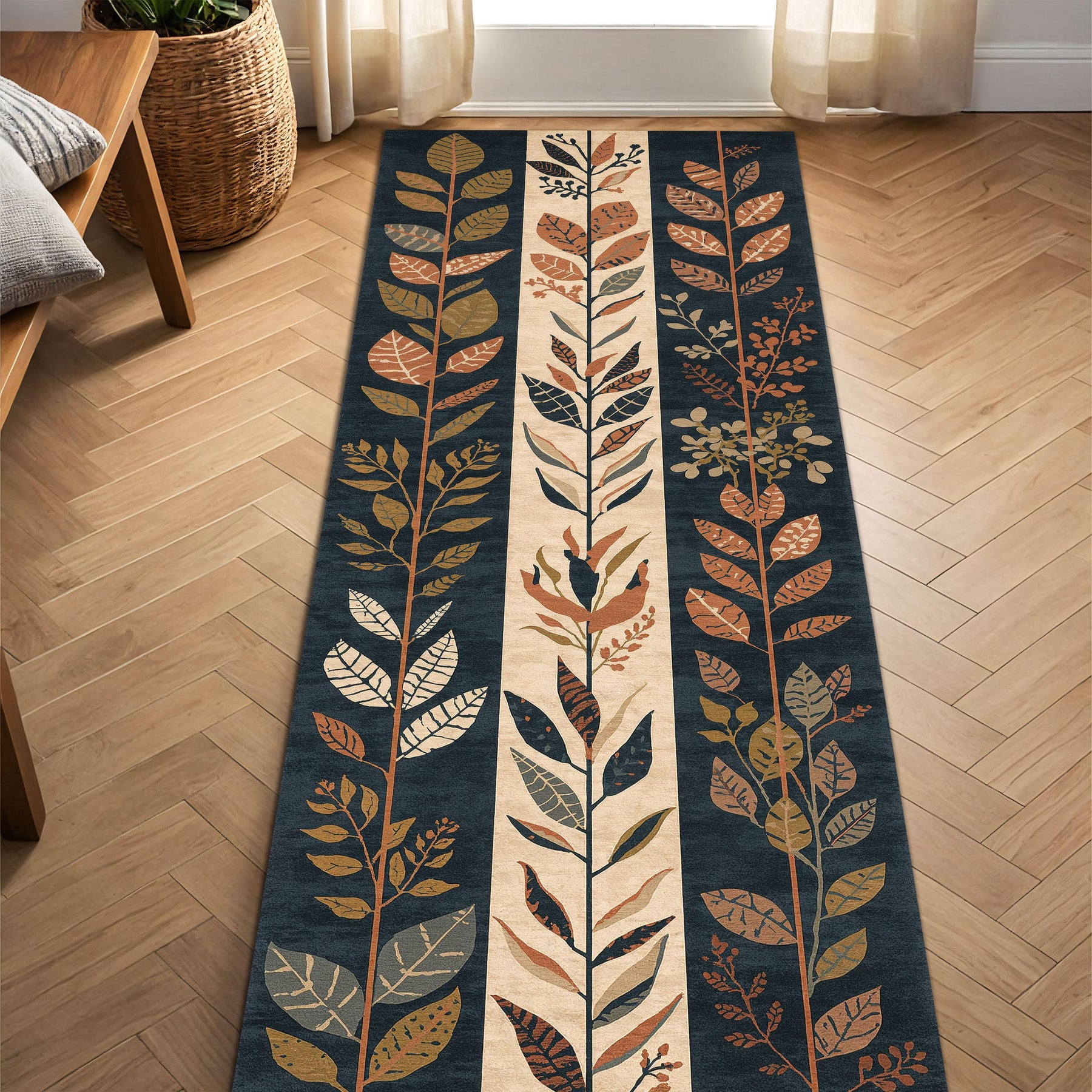 Botanical Leaf Runner Rug, Navy Beige Autumn Floral Carpet for Hallway Entryway Kitchen, Modern Scandinavian Long Runner Decor Home