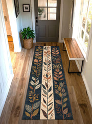 Botanical Leaf Runner Rug, Navy Beige Autumn Floral Carpet for Hallway Entryway Kitchen, Modern Scandinavian Long Runner Decor Home