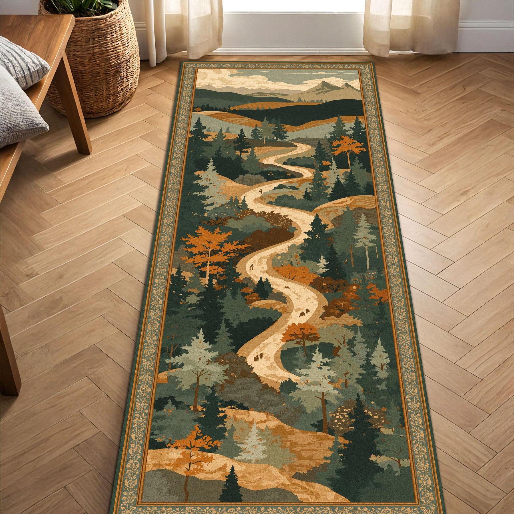 Mountain Trail Runner Rug, Scenic Forest Landscape Hallway Carpet, Vintage Nature Path Rug, Autumn Cabin Entryway Decor, Long Runner