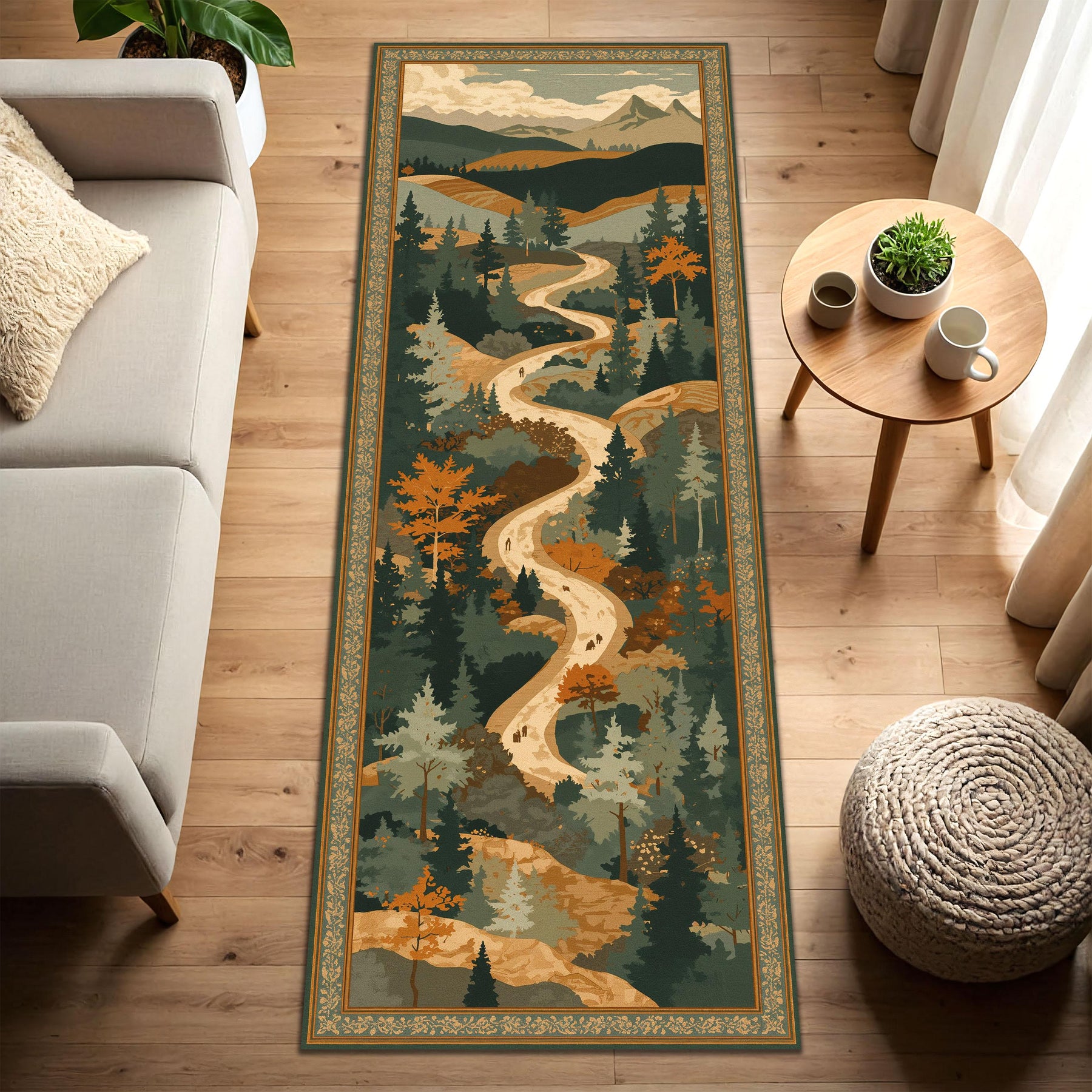 Mountain Trail Runner Rug, Scenic Forest Landscape Hallway Carpet, Vintage Nature Path Rug, Autumn Cabin Entryway Decor, Long Runner