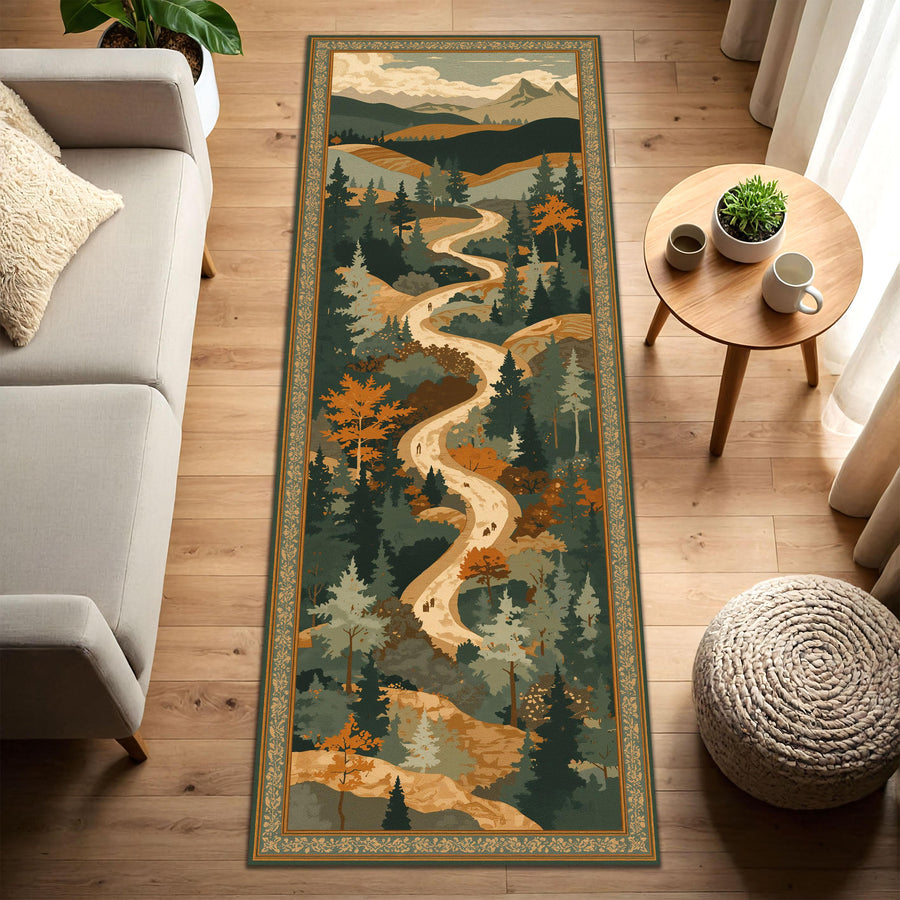 Mountain Trail Runner Rug, Scenic Forest Landscape Hallway Carpet, Vintage Nature Path Rug, Autumn Cabin Entryway Decor, Long Runner