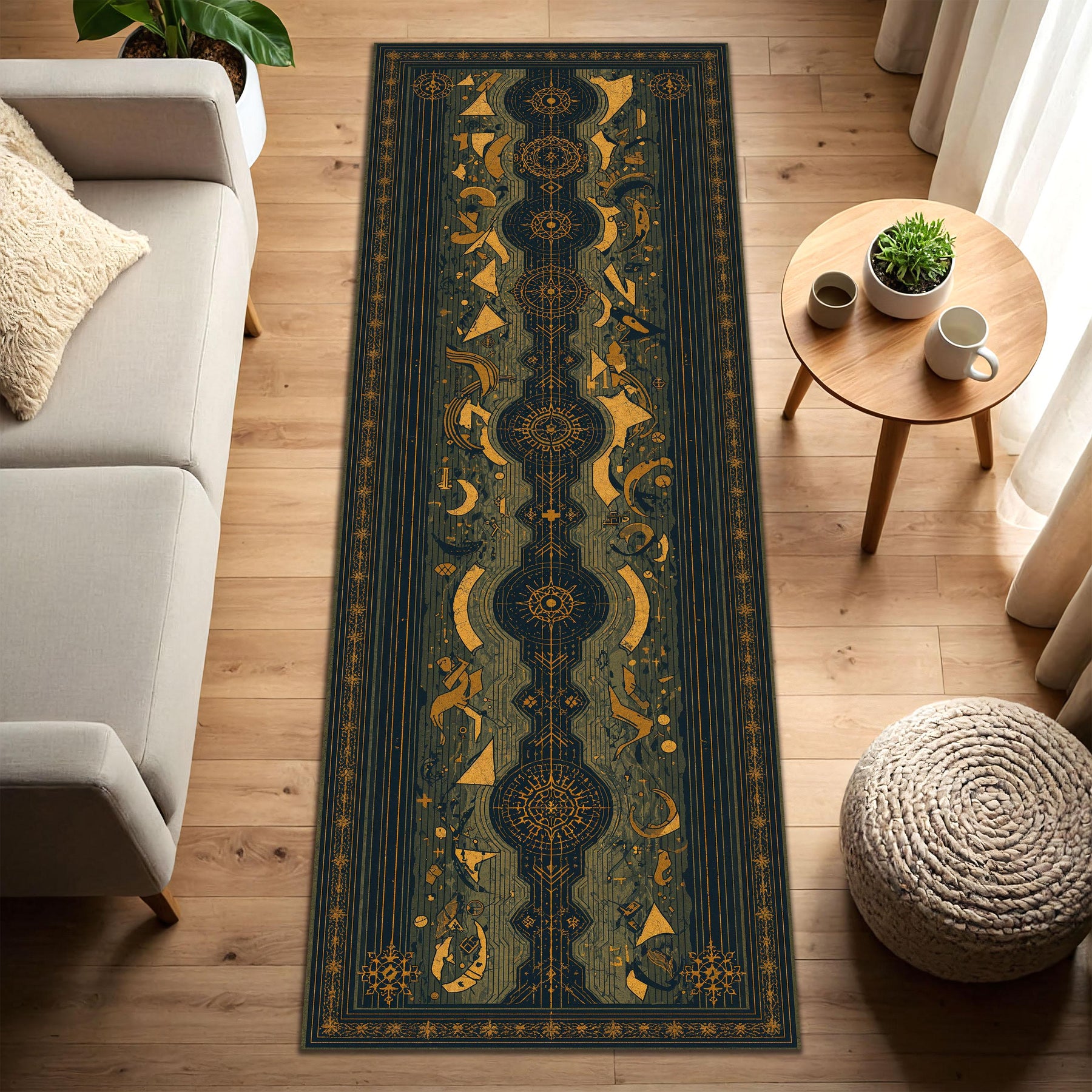 Navy Gold Celestial Runner Rug, Geometric Mystic Tarot Style Hallway Carpet, Boho Entryway Kitchen Runner, Modern Vintage Decor Home Gift