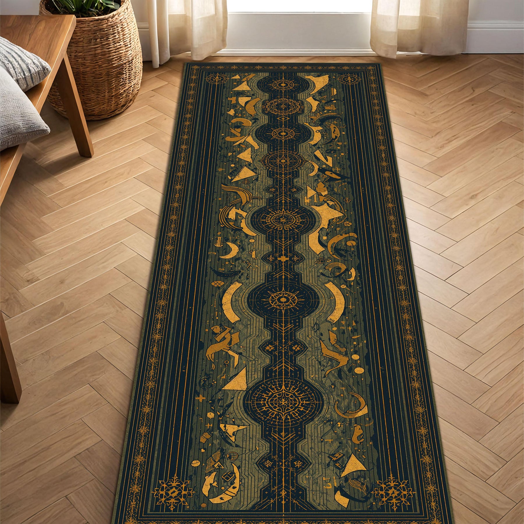 Navy Gold Celestial Runner Rug, Geometric Mystic Tarot Style Hallway Carpet, Boho Entryway Kitchen Runner, Modern Vintage Decor Home Gift