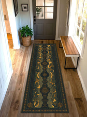 Navy Gold Celestial Runner Rug, Geometric Mystic Tarot Style Hallway Carpet, Boho Entryway Kitchen Runner, Modern Vintage Decor Home Gift