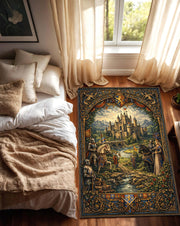 Medieval Castle Tapestry Area Rug, Fantasy Knight & Royal Scene Floor Carpet, Gothic Living Room Decor, Cottagecore Gift, Castclecore Gift