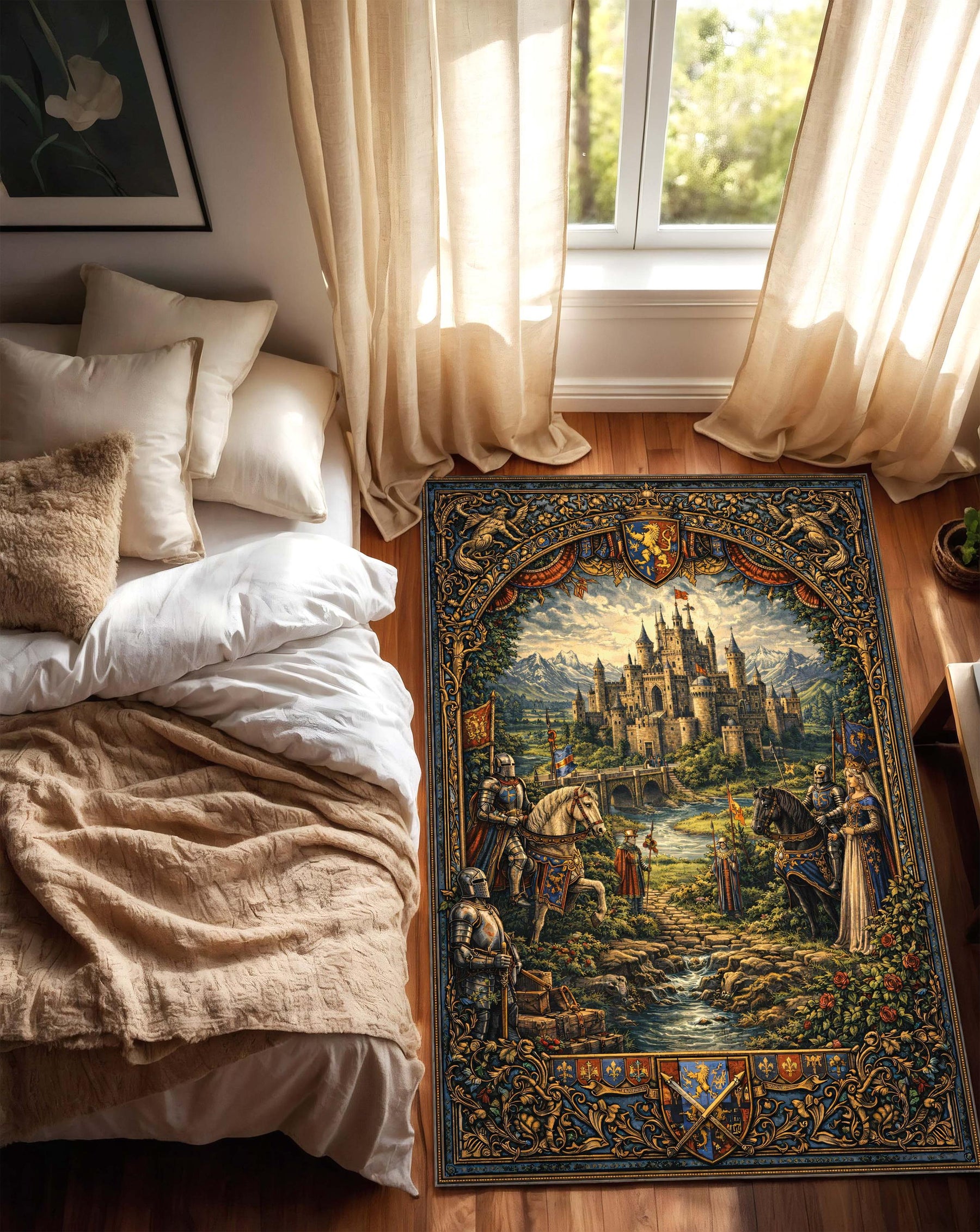 Medieval Castle Tapestry Area Rug, Fantasy Knight & Royal Scene Floor Carpet, Gothic Living Room Decor, Cottagecore Gift, Castclecore Gift