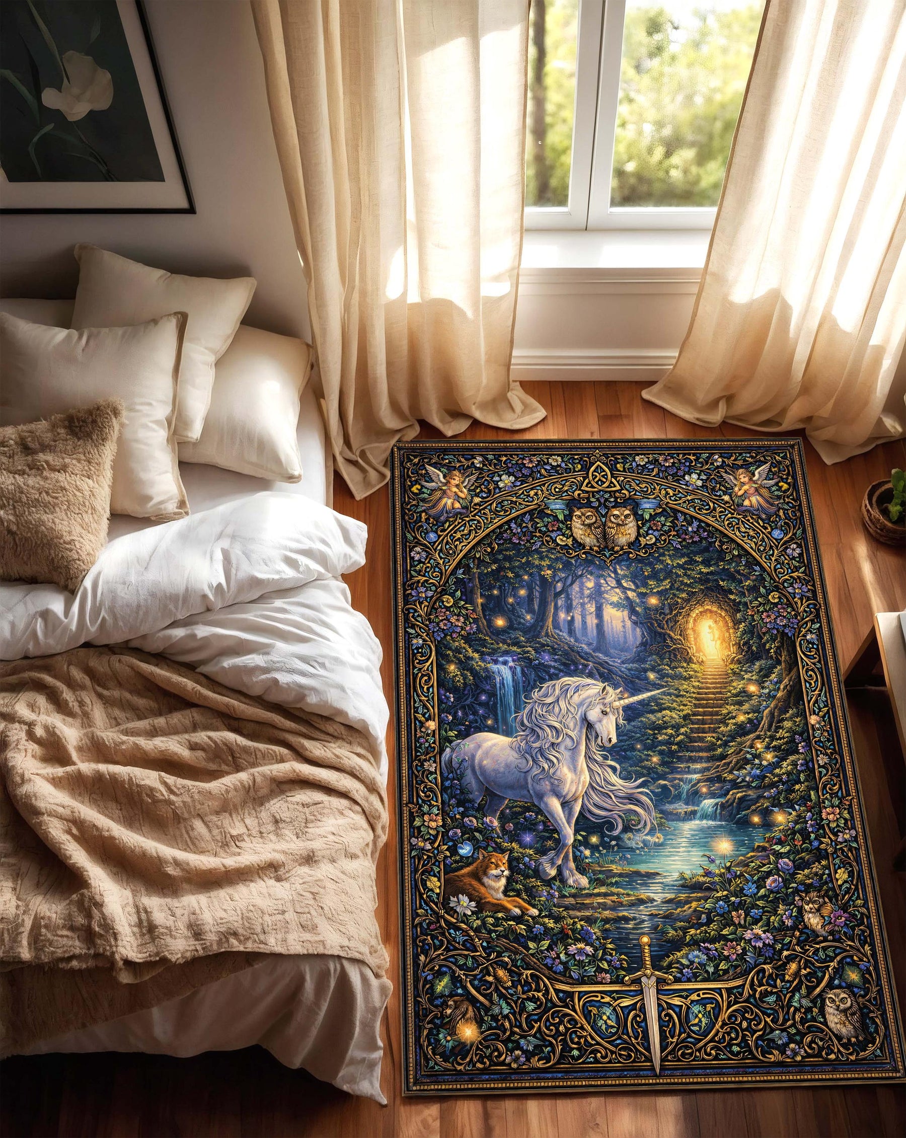 Enchanted Unicorn Forest Area Rug, Magical Fairy Woodland Tapestry Carpet, Mystic Night Garden Decor, Cottagecore Mystical Fairytale Rug