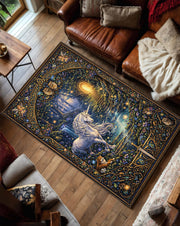 Enchanted Unicorn Forest Area Rug, Magical Fairy Woodland Tapestry Carpet, Mystic Night Garden Decor, Cottagecore Mystical Fairytale Rug