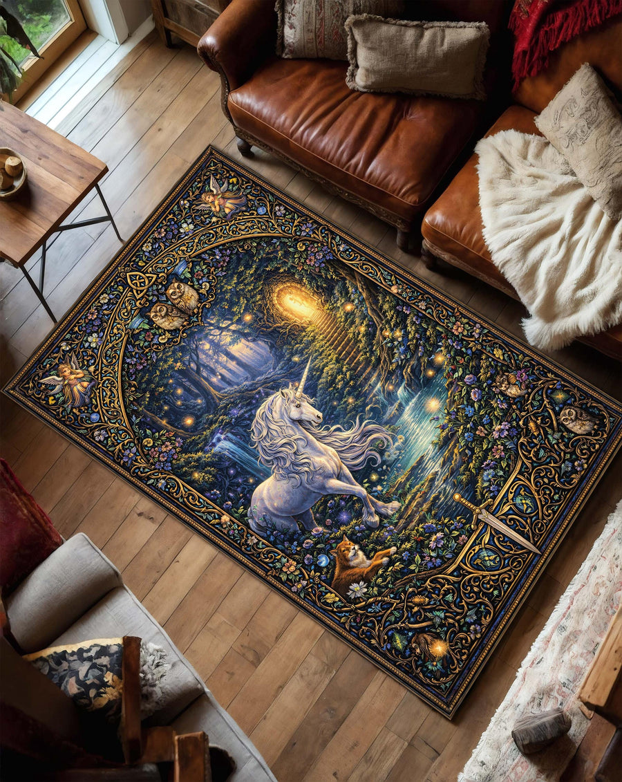 Enchanted Unicorn Forest Area Rug, Magical Fairy Woodland Tapestry Carpet, Mystic Night Garden Decor, Cottagecore Mystical Fairytale Rug