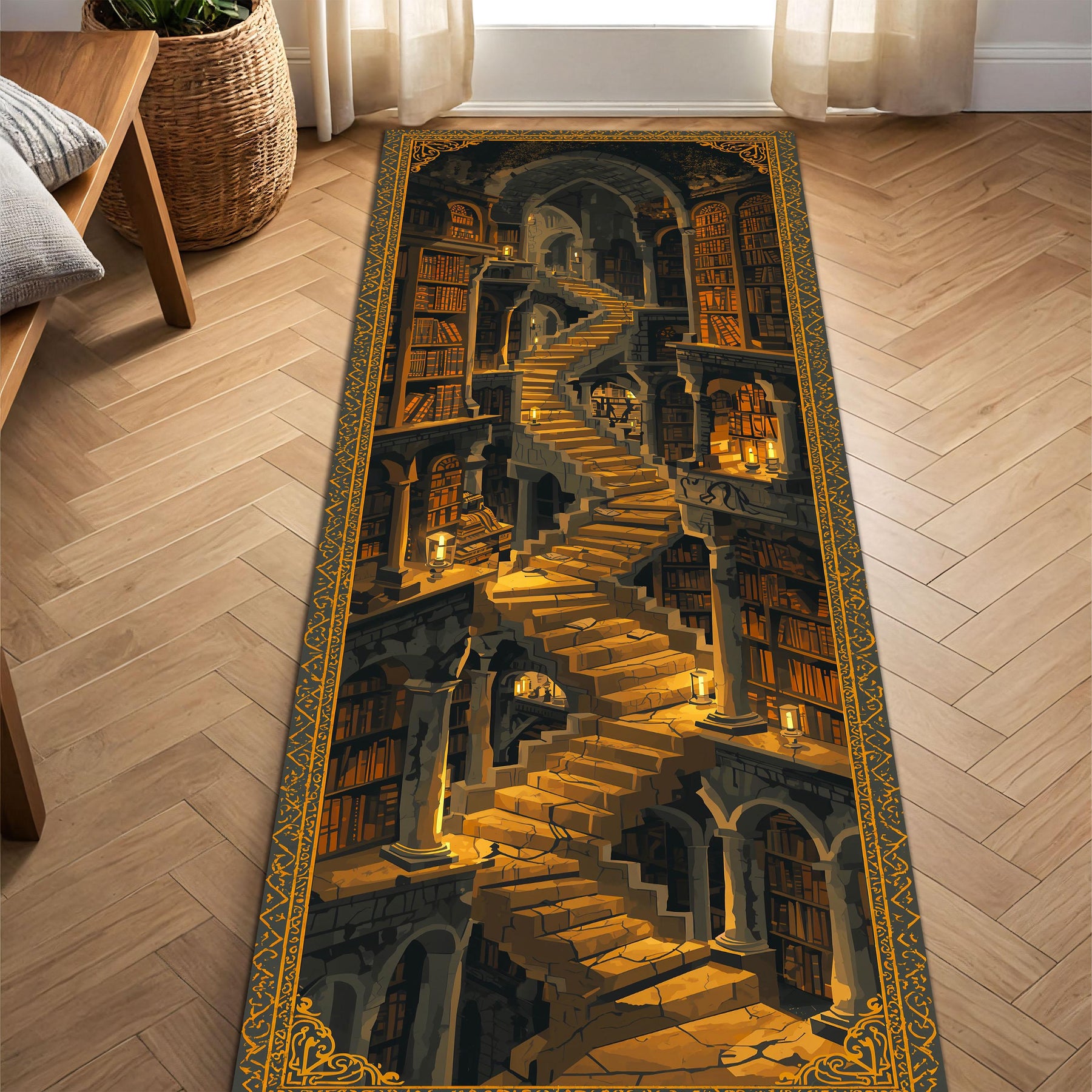 Fantasy Library Staircase Long Runner Rug, Dark Academia Hallway Carpet, Gothic Bookshop Decor, Candlelit Wizard Tower Mat, Entryway Gift