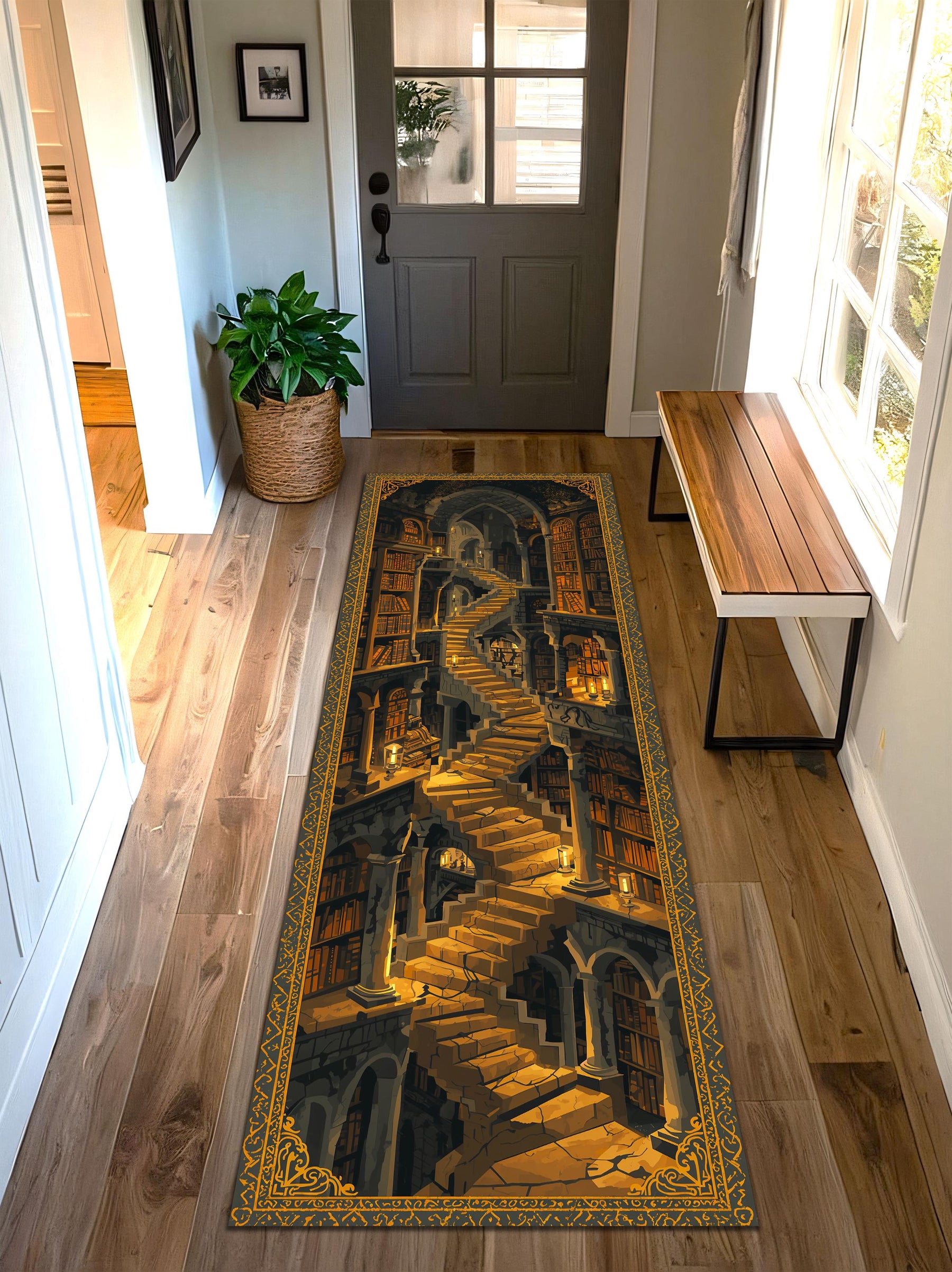 Fantasy Library Staircase Long Runner Rug, Dark Academia Hallway Carpet, Gothic Bookshop Decor, Candlelit Wizard Tower Mat, Entryway Gift