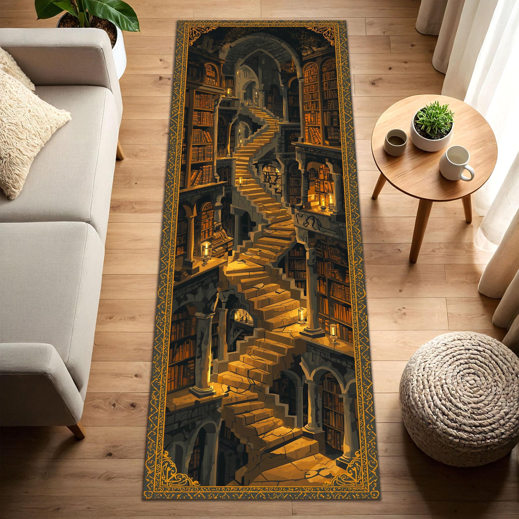 Fantasy Library Staircase Long Runner Rug, Dark Academia Hallway Carpet, Gothic Bookshop Decor, Candlelit Wizard Tower Mat, Entryway Gift