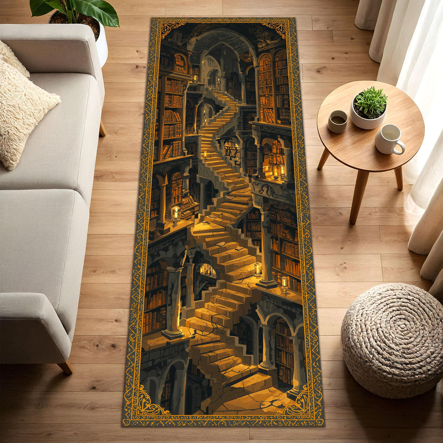 Fantasy Library Staircase Long Runner Rug, Dark Academia Hallway Carpet, Gothic Bookshop Decor, Candlelit Wizard Tower Mat, Entryway Gift
