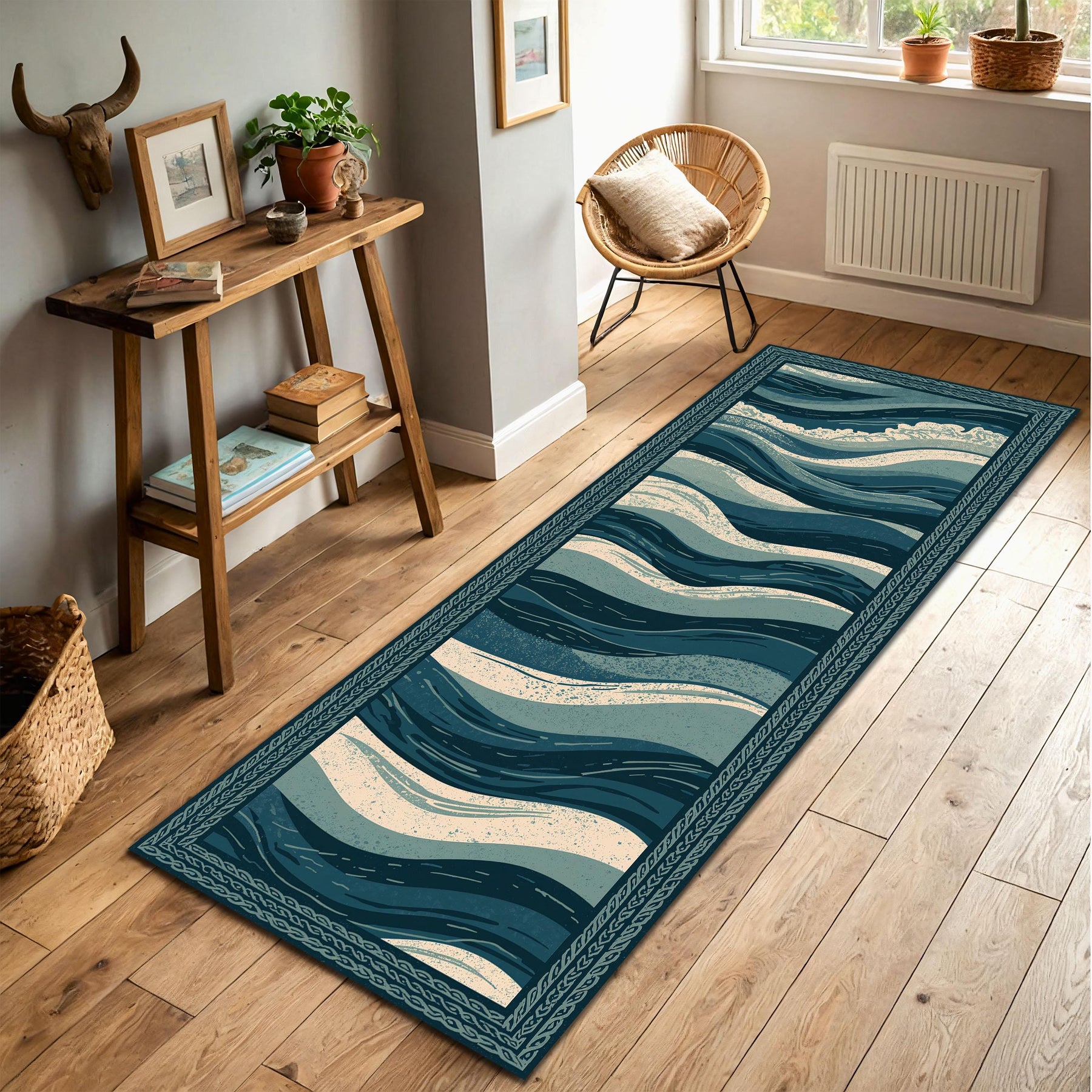 Ocean Waves Runner Rug, Coastal Blue Teal Hallway Carpet, Nautical Sea Pattern Floor Mat, Modern Beach House Decor, Boho Style Long Runner