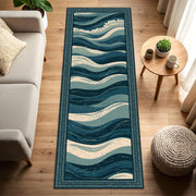 Ocean Waves Runner Rug, Coastal Blue Teal Hallway Carpet, Nautical Sea Pattern Floor Mat, Modern Beach House Decor, Boho Style Long Runner